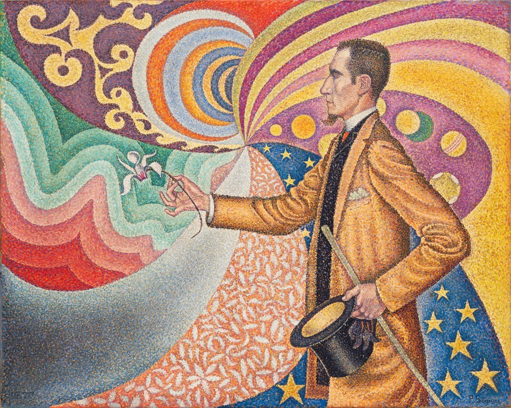 Paul Signac (1863-1935), Opus 217. Sur l'émail d'un fond rythmique des mesures et d'angles, de tons et des teintes, portrait de M. Félix Fénéon en 1890