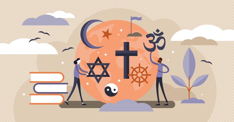 Illustration de personnes tenant les signes de différentes religions comme l'islam, le judaïsme ou le christianisme