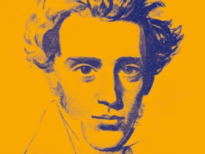 Kierkegaard barbe et cheveux mi-long dessiné en bleu sur fond jaune