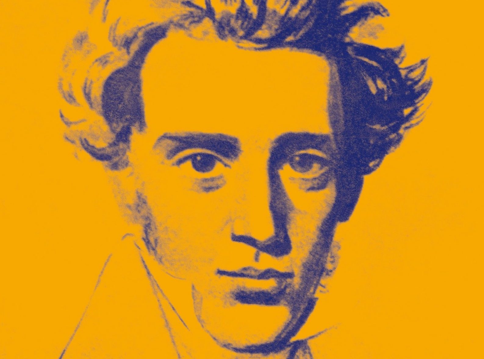 Kierkegaard barbe et cheveux mi-long dessiné en bleu sur fond jaune