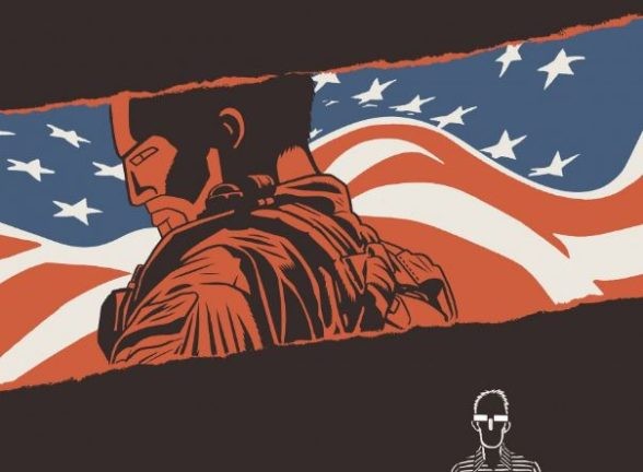 Couverture de la BD, un drapeau americain se détache d'un fond noir avec le dessin rouge de Chris Kyle de biais en habit de soldat.